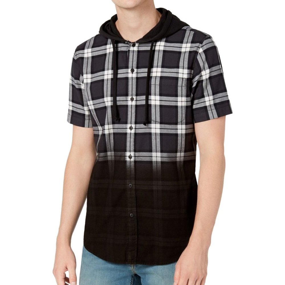 American Rag Dip Dye Ombre Hooded Gingham Shirt - Grey to Black (NWT)